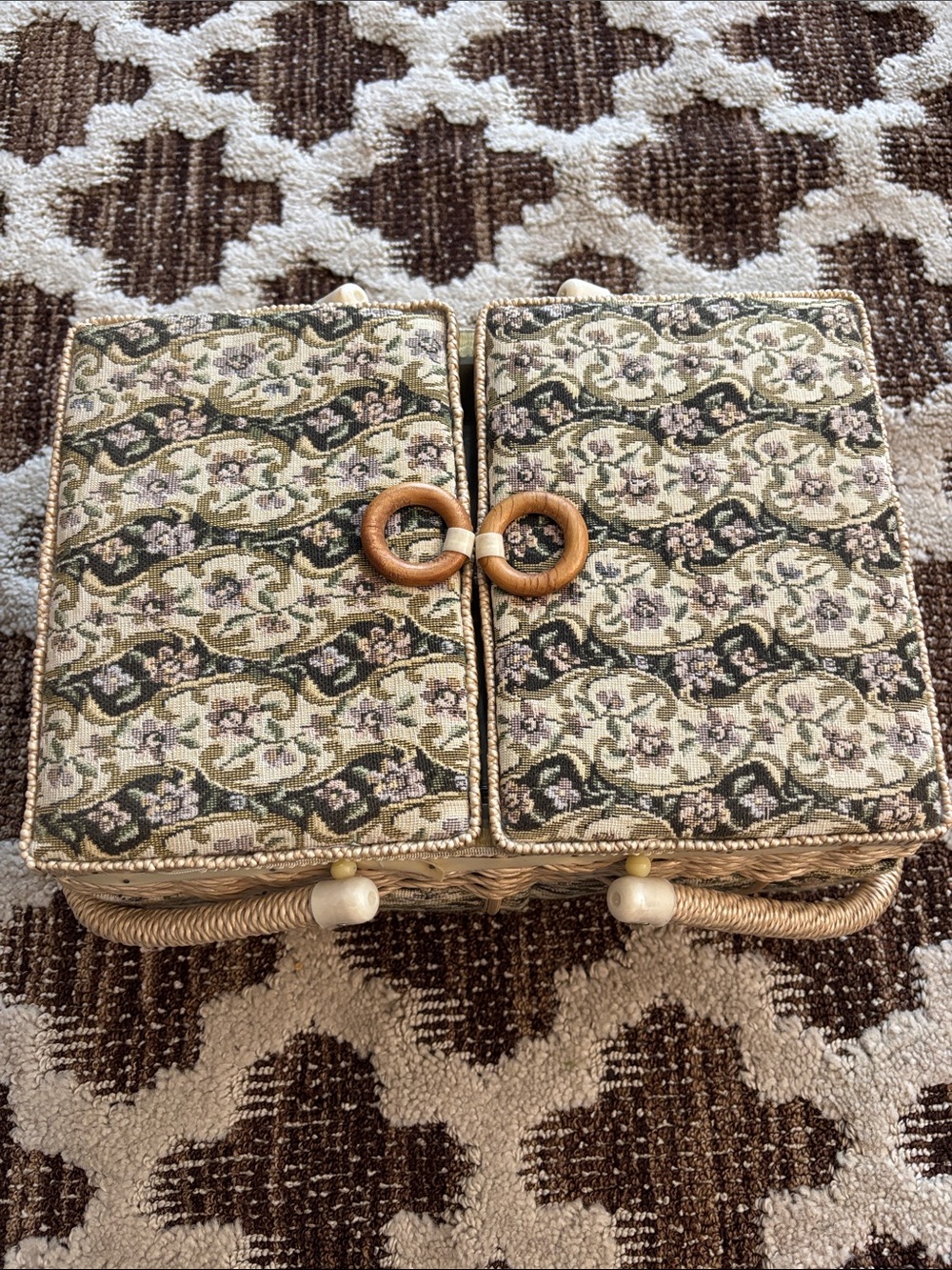 Vintage Woven Rattan & Olive Patterned Women's Sewing Basket